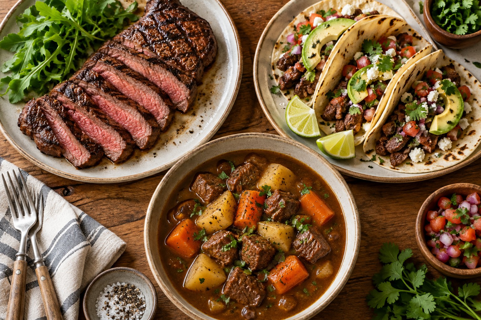 Dinner inspiration: sliced steak, beef tacos and a hearty beef stew